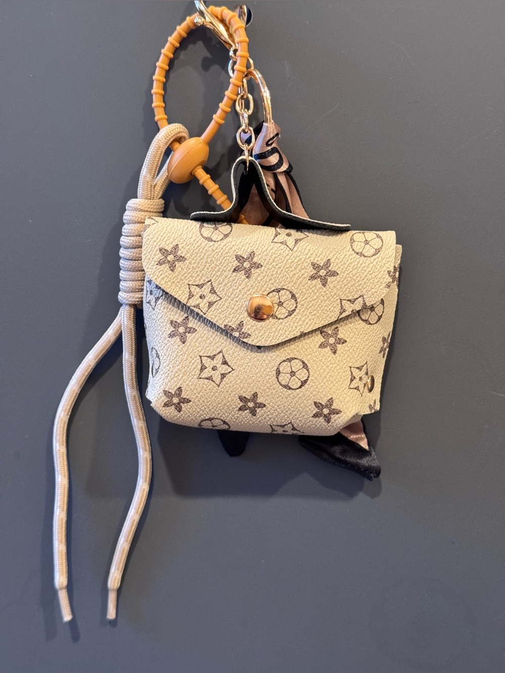 NWT Cream Mini Purse Bag Charm Keychain Scarf & Cord Accent